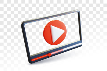 Minimal video player or media player interface in perspective view, social media concept. Realistic 3D vector illustration on transparent background