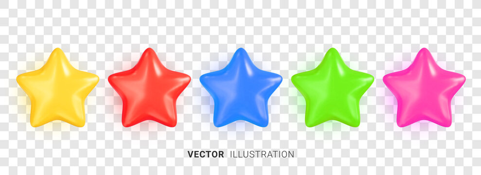 Set of colorful stars. Collection of realistic 3D multicolored vector star shapes on transparent background. Vector illustration