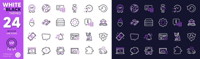 Microscope, Market and Air fan line icons for website, printing. Collection of Recovery data, Vip award, Court building icons. Friend, Question mark, Recycle web elements. Bus, Keywords. Vector