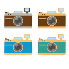 Camera set with flash. Flat vector illustration of a camera. Isolated on white background.