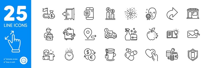Outline icons set. Entrance, Financial goal and Delivery discount icons. Touchscreen gesture, Smartphone protection, Share web elements. Journey, Face verified, Clean shirt signs. Vector