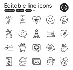 Set of Holidays outline icons. Contains icons as Image gallery, Santa sack and Ice cream elements. Pillow, World globe, Puzzle web signs. Smile chat, Journey, Coffee elements. Vector