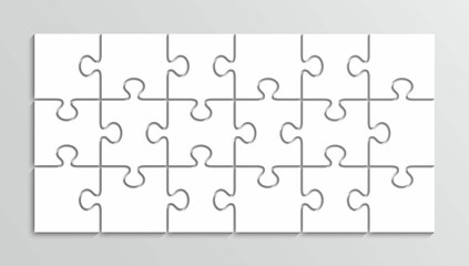 Puzzle thinking game. Simple mosaic 3x6 layout. 18 pieces jigsaw outline grid. Thinking game with separate shapes. Album orientation. Modern puzzle background. Laser cut frame. Vector illustration. - obrazy, fototapety, plakaty