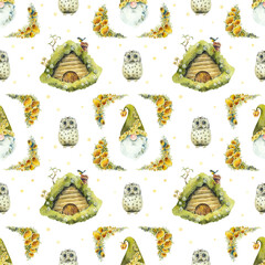 Seamless Pattern. Green Forest Gnome. Set. Watercolor hand drawn illustration
