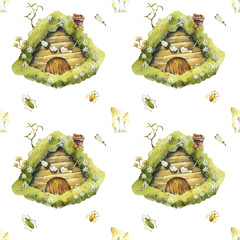 Gnome Hut. Forest House. Seamless pattern. Watercolor hand drawn illustration