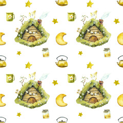 Gnome Hut. Forest House. Nigth. Seamless pattern. Watercolor hand drawn illustration