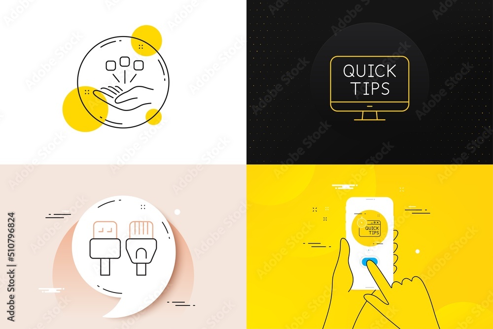 Poster minimal set of quick tips, consolidation and computer cables line icons. phone screen, quote banners