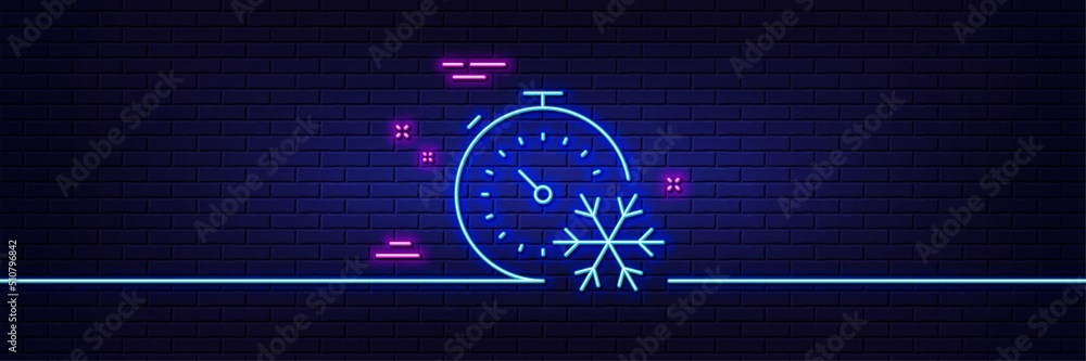 Poster neon light glow effect. freezing timer line icon. ac cold temperature sign. fridge function symbol. 