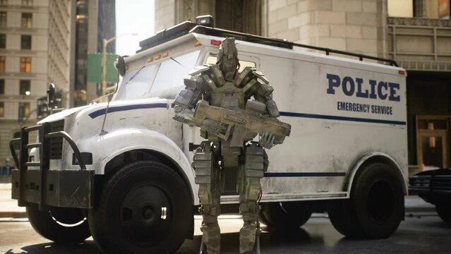 A robot with a gun guards an armoured police car. The concept of a robotic technological city of the future. The animation is perfect for futuristic, fiction, cyber and sci-fi backgrounds.