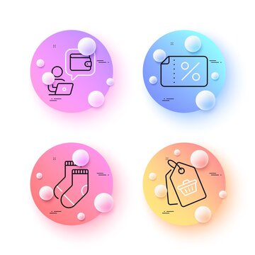 Discount banner, Wallet and Socks minimal line icons. 3d spheres or balls buttons. Sale tag icons. For web, application, printing. Sale coupon, Online money, Underwear accessory. Shopping cart. Vector