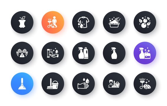 Minimal Set Of Shampoo And Spray, Clean Hands And Hand Washing Flat Icons For Web Development. Bucket With Mop, Spray, Cleaning Service Icons. Rubber Gloves, Wash T-shirt. Vector