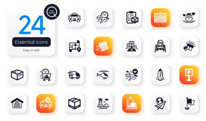 Set of Transportation flat icons. Gift, Confirmed flight and Lighthouse elements for web application. Parking garage, Parcel checklist, Truck delivery icons. Flight time, Office box. Vector