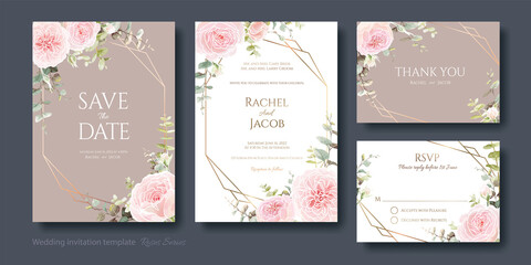 Set of floral wedding Invitation card, save the date, thank you, rsvp template. Vector. Pink rose with greenery. Watercolor style