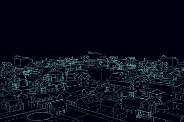 Outline of the city from blue lines isolated on a dark background. Vector illustration.