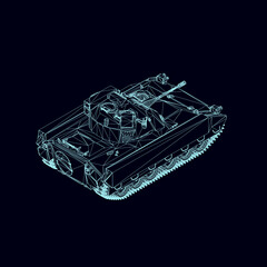 Battle tank wireframe from blue lines isolated on dark background. Isometric view. 3D. Vector illustration.