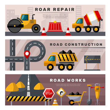 Road repair banners. Construction street road repair tools recent vector horizontal colored banners templates with place for text