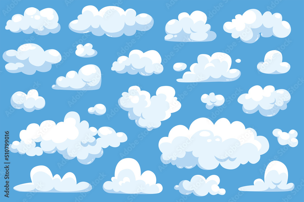 Poster fluffy clouds at blue sky in cartoon style set isolated elements. bundle of curve cumulus cloudscape