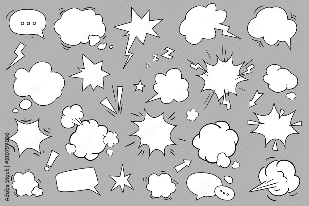Poster speech bubbles in cartoon style set isolated elements. bundle of empty comic bang, boom and other ef