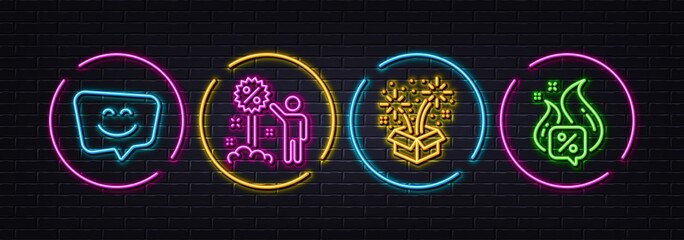 Discount, Fireworks and Smile face minimal line icons. Neon laser 3d lights. Hot offer icons. For web, application, printing. Sale shopping, Pyrotechnic salute, Chat. Sale discount. Vector