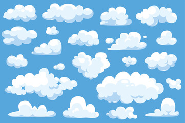Fluffy clouds at blue sky in cartoon style set isolated elements. Bundle of curve cumulus cloudscape with different forms. Symbols for cloudy weather forecast. Vector illustration in flat design