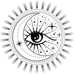 Eye. Eye contour. Eye symbol. Mystical symbols. Esoterics. Sun and moon.
