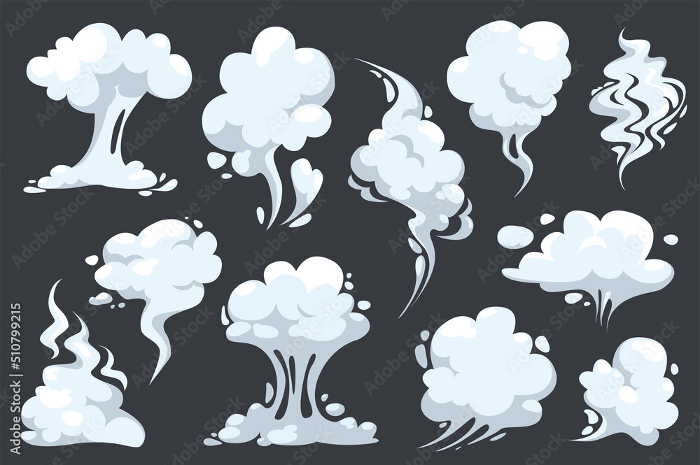 Poster steam clouds and smoke in cartoon style set isolated elements. bundle of vapor, wind, gas, smell and