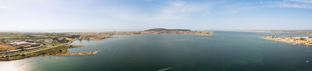 Fototapeta premium Aerial view of the pond of Thau and Sete from Balaruc les Bains in Occitania, France
