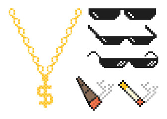 Set of pixel glasses, gold chain, cigarettes and cigars. Isolated on a white background. Vector illustration..