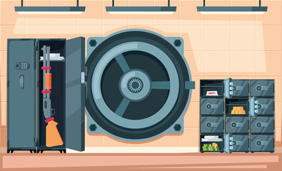 Bank interior. Inside vault with cash and gold safe room deposit dollar bills garish vector cartoon background