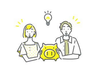 資産形成について考える若い夫婦　びっくり　シンプルでお洒落な線画イラスト