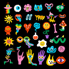Hippy stickers. Neon psychedelic funny badges happy hallucination elements faces emoji mushrooms recent vector pictures set