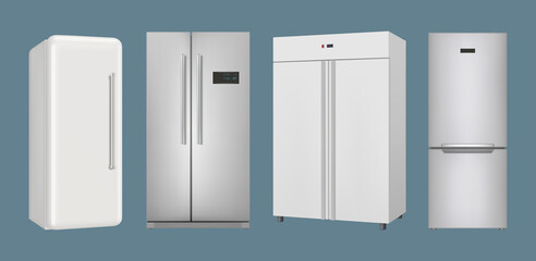 Realistic refrigerators. Kitchen household equipment for modern interior frozen wardrobe with closed and opening doors decent vector pictures set - Powered by Adobe