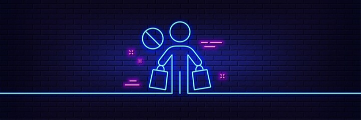 Neon light glow effect. Stop shopping line icon. No panic buying sign. Man with shopping bags symbol. 3d line neon glow icon. Brick wall banner. Stop shopping outline. Vector