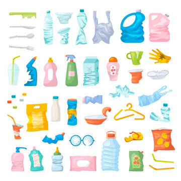 Plastic waste. Recycling garbage empty boxes and bottles package pile recent vector cartoon illustrations