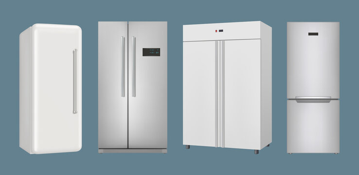 Realistic refrigerators. Kitchen household equipment for modern interior frozen wardrobe with closed and opening doors decent vector pictures set