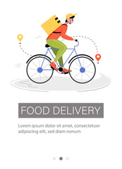 Flyer design for food delivery. Male courier rides a bicycle to an address. Vector illustration for poster, banner, advertisement, app.