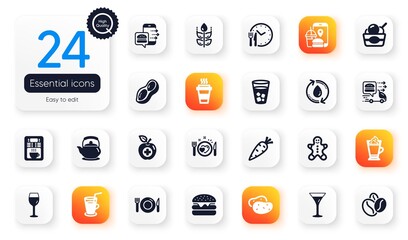 Set of Food and drink flat icons. Food delivery, Peanut and Wine glass elements for web application. Carrot, Burger, Teapot icons. Cocktail, Food, Gingerbread man elements. Potato. Vector