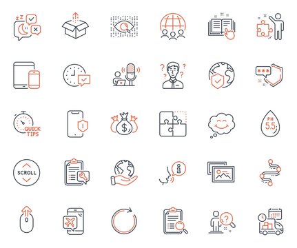 Technology icons set. Included icon as Save planet, Mobile devices and Puzzle web elements. Sleep, Flight mode, Spanner icons. Photo album, Synchronize, Technical documentation web signs. Vector