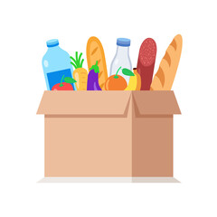 Box with food. Donate concept. Volunteering donate with products. Vector illustration.