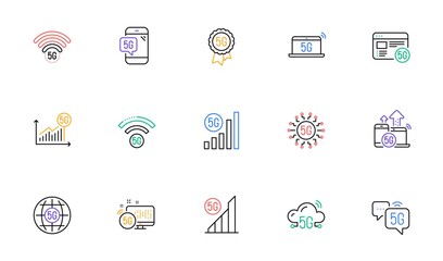 5G technology line icons set. Phone connection, mobile network, fast internet. Hotspot signal, mobile telecommunications, wifi internet icons. 5G cellular network technology. Vector