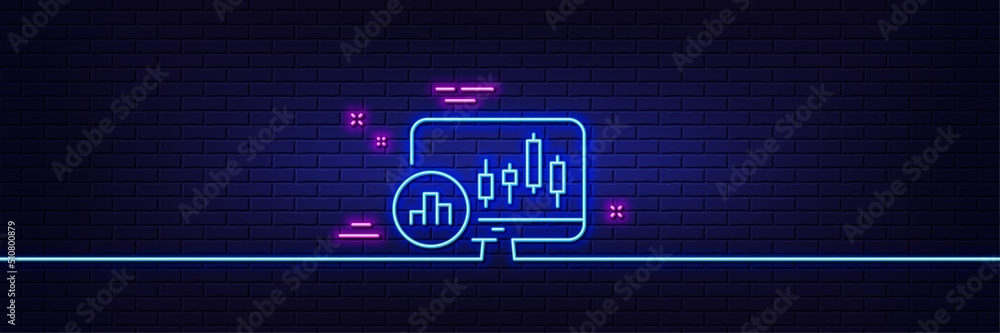 Poster neon light glow effect. candlestick chart line icon. analytics graph sign. market analytics symbol. 