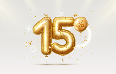 15 Off. Discount creative composition. 3d Golden sale symbol with decorative objects, heart shaped balloons, golden confetti. Sale banner and poster. Vector - obrazy, fototapety, plakaty