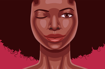 Cartoon style portrait of young African American woman winking. Intriguing expression of beautiful woman.