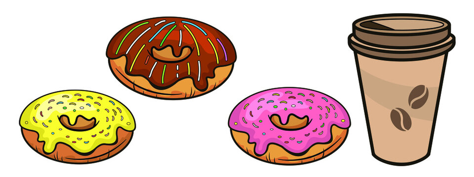 Vector image of  donuts on a white background. Drawing lines in color.