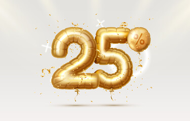25 Off. Discount creative composition. 3d Golden sale symbol with decorative objects, heart shaped balloons, golden confetti. Sale banner and poster. Vector