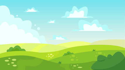 green hills with bushes and grass on a background of blue sky with clouds. Grass landscape with sky clouds and mountains. Spring vector landscape.