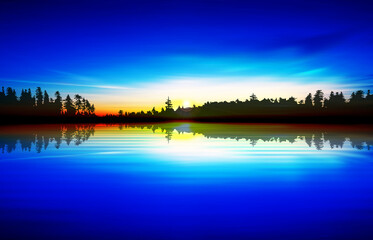 abstract background with sunrise and forest lake - 510801281