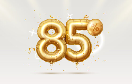 85 Off. Discount creative composition. 3d Golden sale symbol with decorative objects, heart shaped balloons, golden confetti. Sale banner and poster. Vector