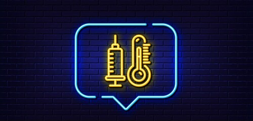 Neon light speech bubble. Thermometer with vaccine line icon. Temperature diagnostic sign. Fever measuring symbol. Neon light background. Thermometer glow line. Brick wall banner. Vector