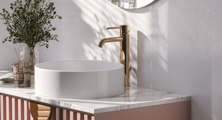 Realistic 3D render, modern round white ceramic wash basin with shinny rose gold faucet on elegant marble countertop, Pink cabinet. Morning sunlight, Background, Space, Products, Mock up, Perspective.